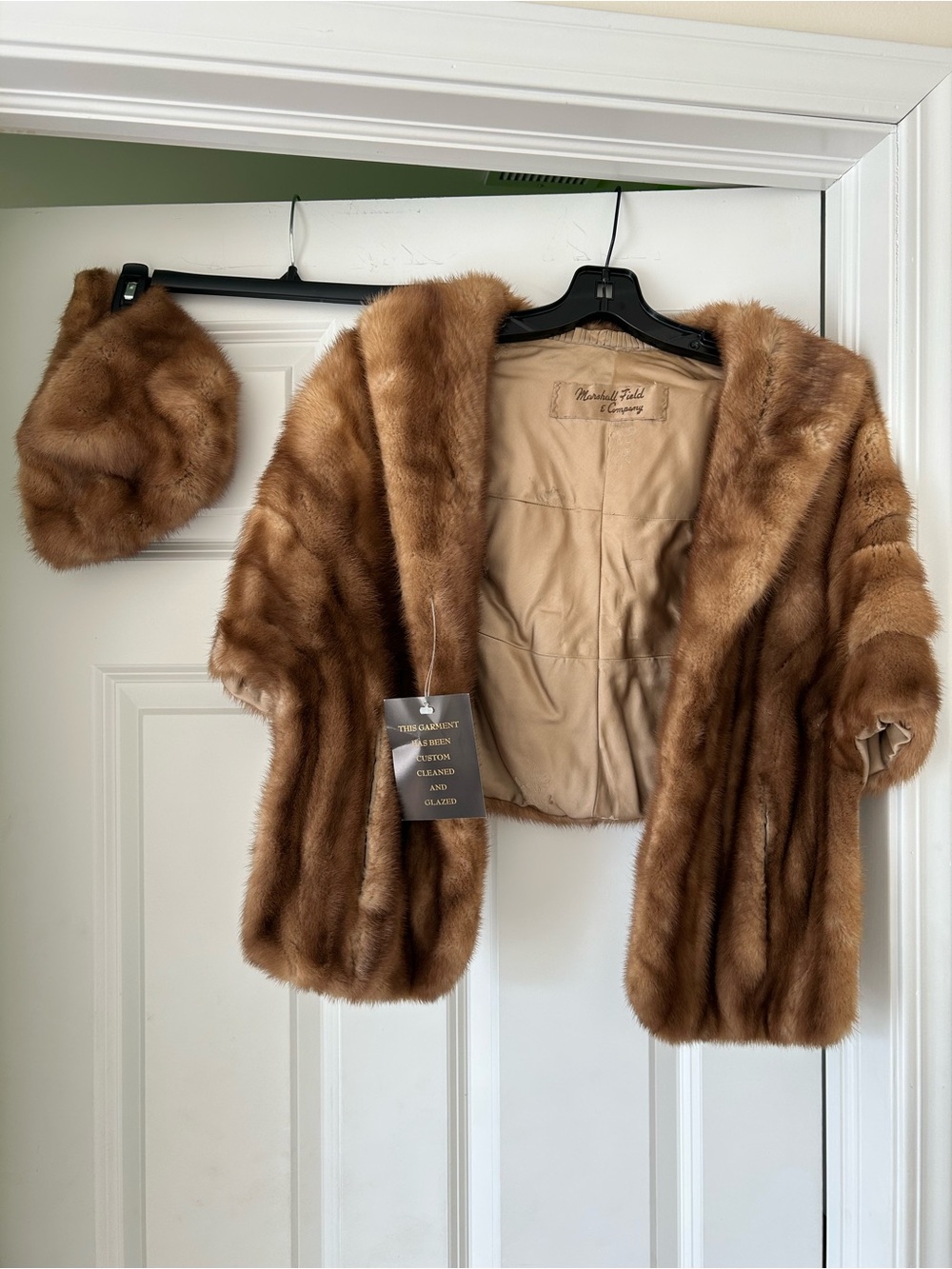 Vintage Marshall Field and Company brand Light Tan Mink Shawl & Hat
